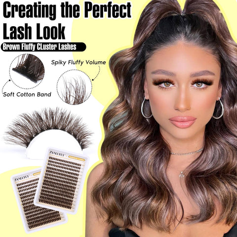 Brown Lash Clusters Fluffy Individual Lashes Natural Eyelash Clusters D Curl Thick DIY Lashes Extensions Wispy Cluster Eyealshes Extension (10-18MM)