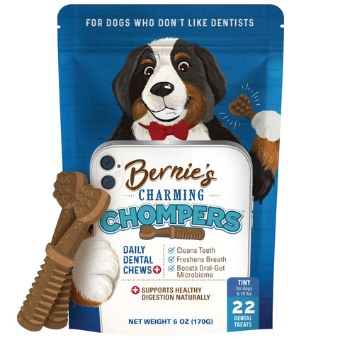 Bernie's Charming Chompers - Daily Dental Chews for Dogs 5-15 Lbs. - 22 Count - Cleans Teeth, Freshens Breath, Boosts Oral-Gut Microbiome. Easy to Digest, Supports Healthy Digestion Naturally