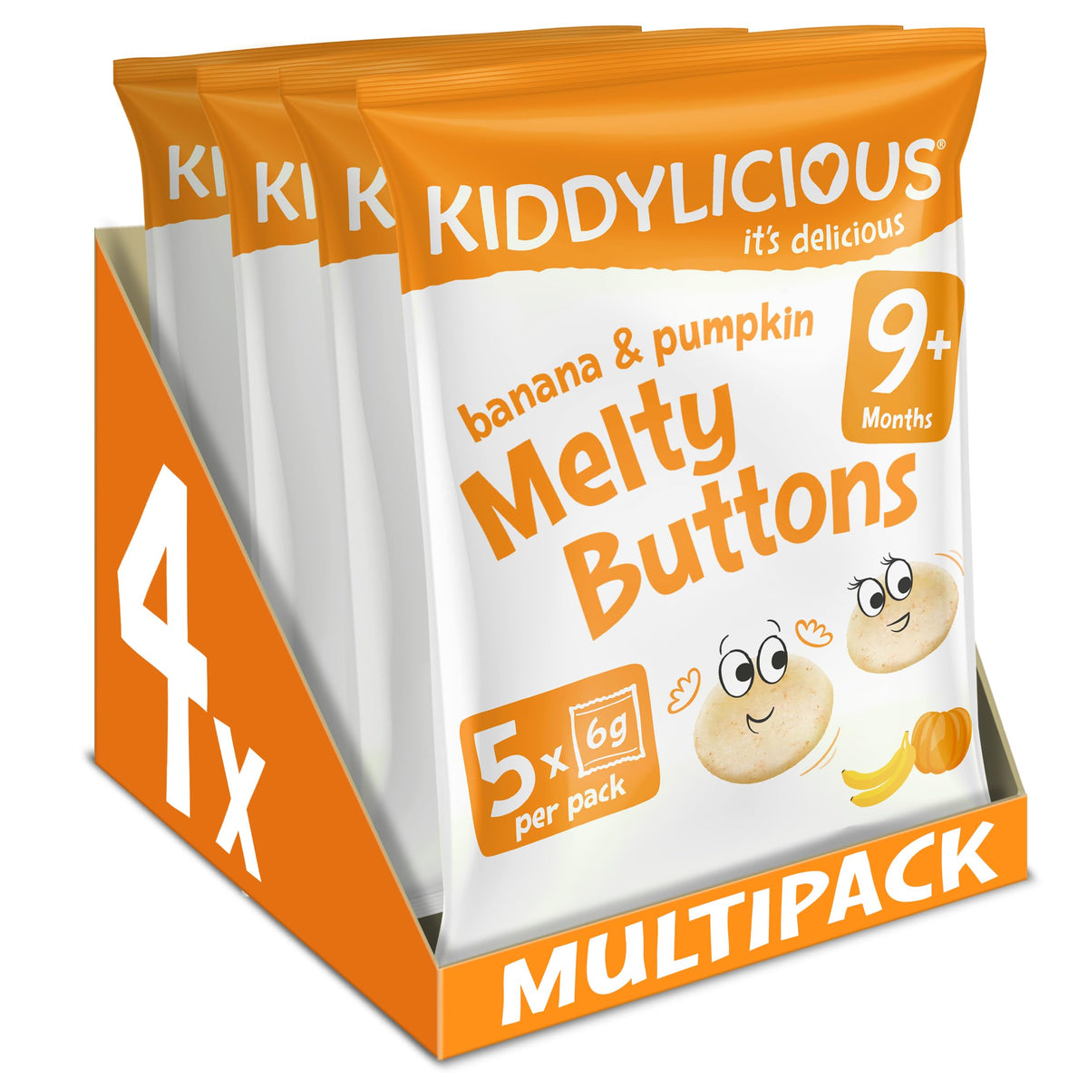 Kiddylicious, Melty Buttons Delicious Snacks for Kids Suitable for 9+ Months 4 x Packs 20 Total, banana & pumpkin, 6 gram, (Pack of 5)