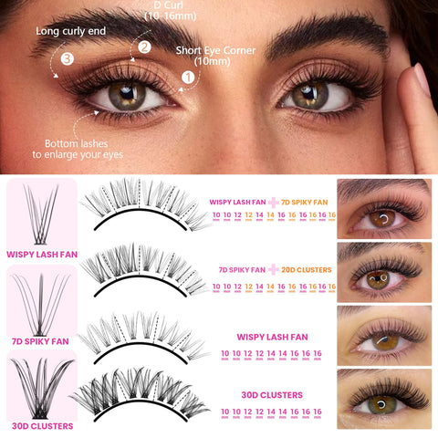 Geeneiya Lash Clusters Kit Individual Cluster Lash Extension Kit DIY Multi-type D Curl Eyelash Extension Kit with Bottom Lashes, Lash Bond and Seal Glue, Lash Applicator at Home (30D, 480PCS)