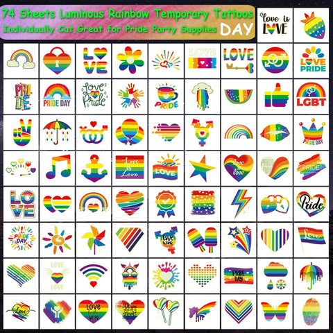 CHARLENT Glow in The Dark Rainbow Temporary Tattoos - 74 Individually Sheets Luminous Pride Tattoos Heart Lips Love Rainbow Tattoos for Pride Festivals