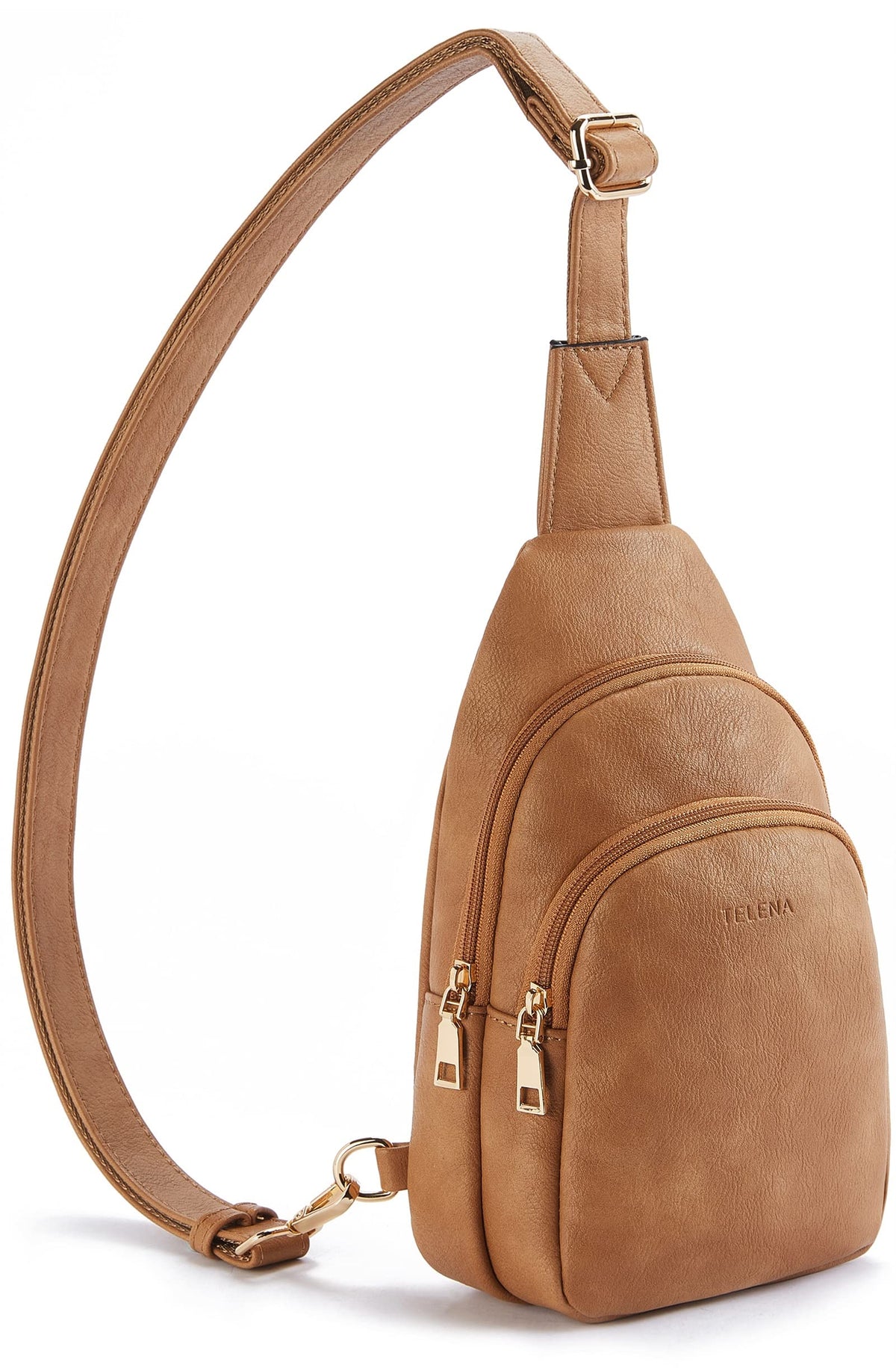 Telena Sling Bags Small Shoulder Backpacks PU Leather Chest Pack Crossbody Bags Sling Daypack for Women,Camel Brown