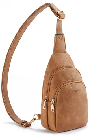 Telena Sling Bags Small Shoulder Backpacks PU Leather Chest Pack Crossbody Bags Sling Daypack for Women,Camel Brown