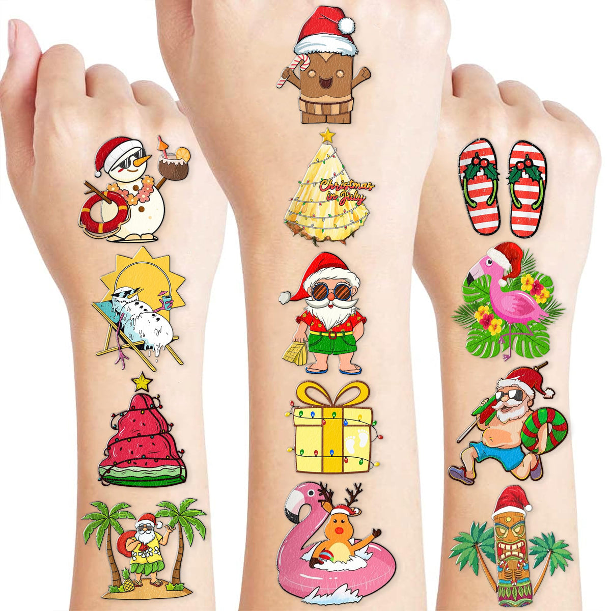 Christmas Temporary Tattoos Hawaiian Tropical Christmas Party Decorations Favors Supplies Aloha Themed Cute Stickers 10 Sheets 100 PCS Gifts for Girls Boys Class School Carnival