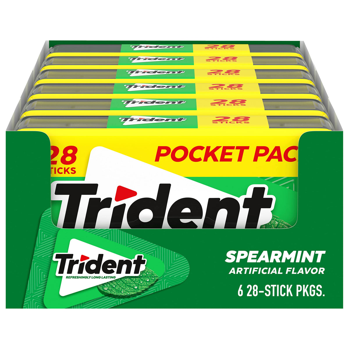 Trident Spearmint Sugar Free Gum, 6 Pocket Packs of 28 Pieces (168 Total Pieces)