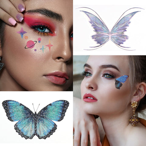 14 Sheets Glitter Butterfly Temporary Tattoos, Waterproof Fairy Wings Temporary Tattoo Body Art Fake Tattoos for Women Girls Festival Music Party Favors Cosplay Eye Face Makeup