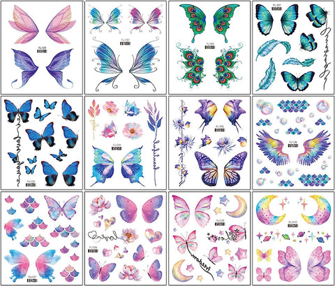 Konsait 12 Sheets Glitter Butterfly Temporary Tattoos for Women Girls Butterfly Face Tattoos for Women Eye Sticker Fairy Makeup Kids Tattoos Temporary For Girls Fairy Princess Party Favors