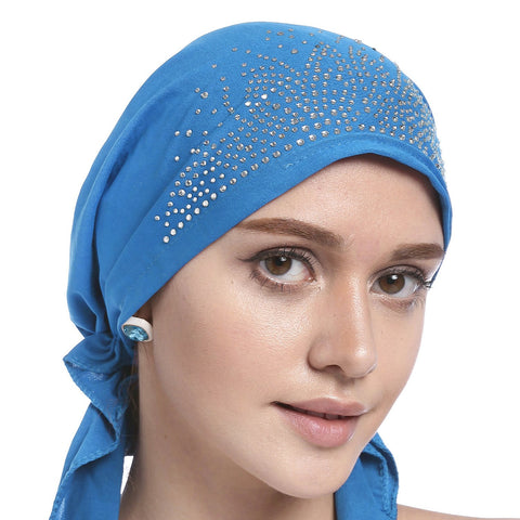 IPENNY Crystal Chemo Hat Woman's Stretchy Beanie Bandana Turban Cap Skull Cap Head Wrap Headscarf for Cancer,Alopecia Hair Loss (Blue)