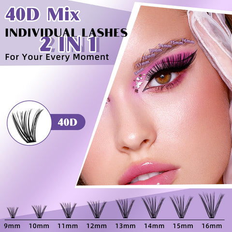 B&Q Lash Extension Kit for Beginners 280pcs Eyelash Extension Kit 40D 9-16 Mixed Lash Clusters Kit D Curl Lash Kit with Lash Bond and Seal Individual Lashes Kit DIY (KIT,40D-D-9-16MIX)