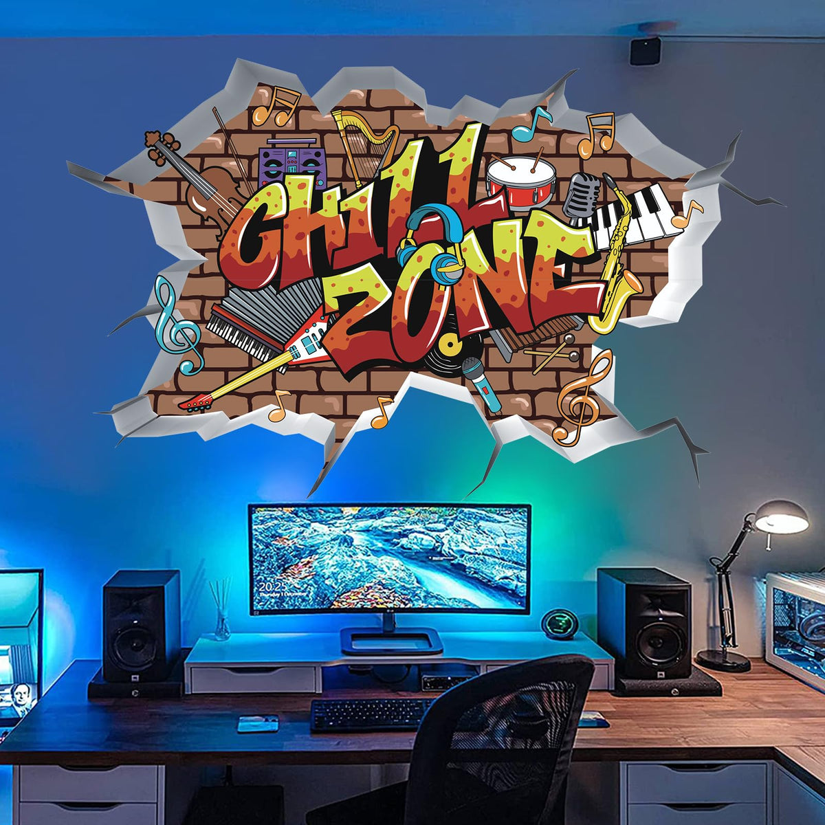 TOARTI 3D Chill Zone Music Wall Sticker for Boys Room Bedroom 3D Graffiti Wall Sticker Gamer Sticker for Wall Gamer Zone Removable Wall Art Playstation Decor