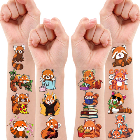 100PCS Red Panda Temporary Tattoos Birthday Party Decorations Favors Supplies Decor Cute Funny Forest Woodland Zoo Jungle Safari Animal Tattoo Stickers Gifts For Kids Boys Girls School Prizes Carnival