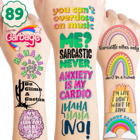 89PCS Funny Humor Quotes Tattoos Stickers Birthday Party Decorations Favors Supplies Decor Snarky Humorous Saying Tattoo Gifts For Women Kids Adults Boys Girls School Prizes Carnival