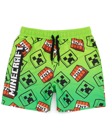 Minecraft Boys Swim Shorts | Blue & Green OR Green Creeper Options | Swimming Trunks with Creeper Steve Alex TNT Explosive