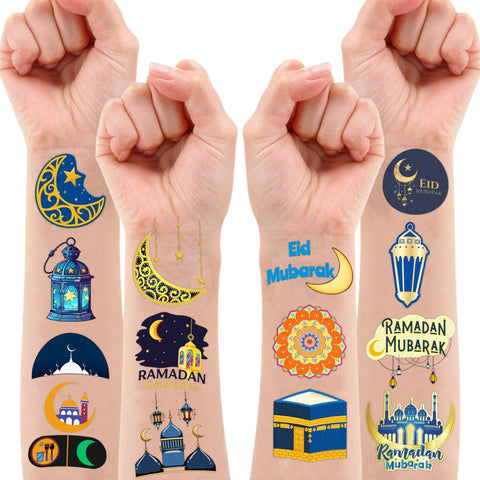 Eid Mubarak Temporary Tattoos 10 Sheets 100 PCS Ramadan Kareem Party Decorations Favors Supplies Themed Birthday Stickers Christmas Gifts for Boys Girls Class School Prizes Carnival Christmas