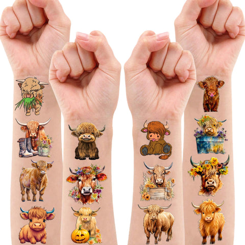 101 PCS Highland Cow Print Temporary Tattoos Themed Birthday Party Decorations Decor Supplies Favors Funny Animal Brown Cattle Tattoo Stickers Gifts For Game Boys Girls Classroom School Prizes