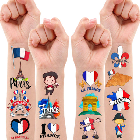 104PCS French Paris France Temporary Tattoos Stickers Happy Bastille Day Birthday Party Decorations Favors Supplies Eiffel Tower Tattoo Sticker Gifts For Boys Girls School Prizes Carnival Christmas