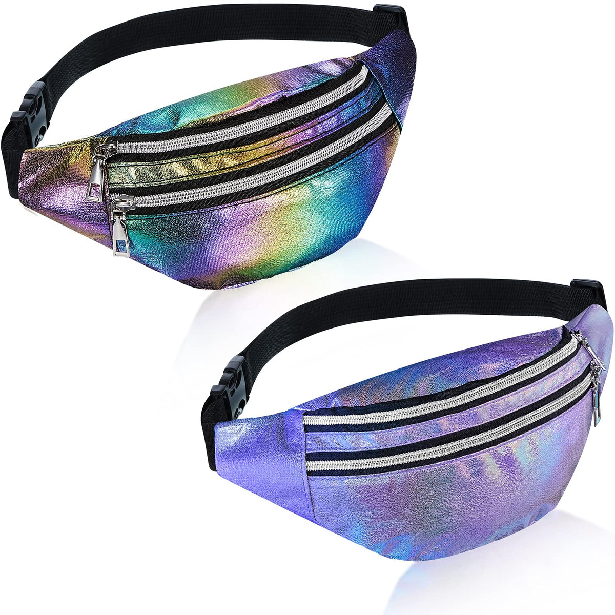 Frienda 2 Pieces Holographic Fanny Pack for Women Colorful Sport Waist Bag Pack, Rainbow, Purple, S