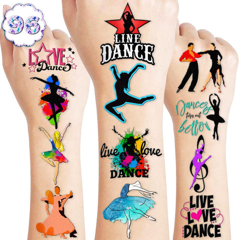 96PCS Dance Dancing Queen Temporary Tattoos Stickers Theme Birthday Party Supplies Decorations Favors Decor Cute Ballet Hip Hop Dancer Tattoo Gifts For Kids Adults Boys Girls Classroom Prizes Carnival