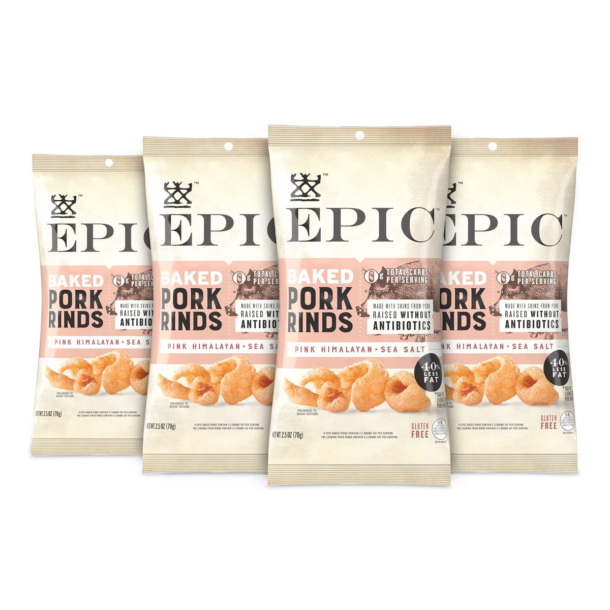 EPIC Pink Himalayan Salt Pork Rinds, Keto Consumer Friendly, 4Ct Box 2.5oz bags (Pack of 4)