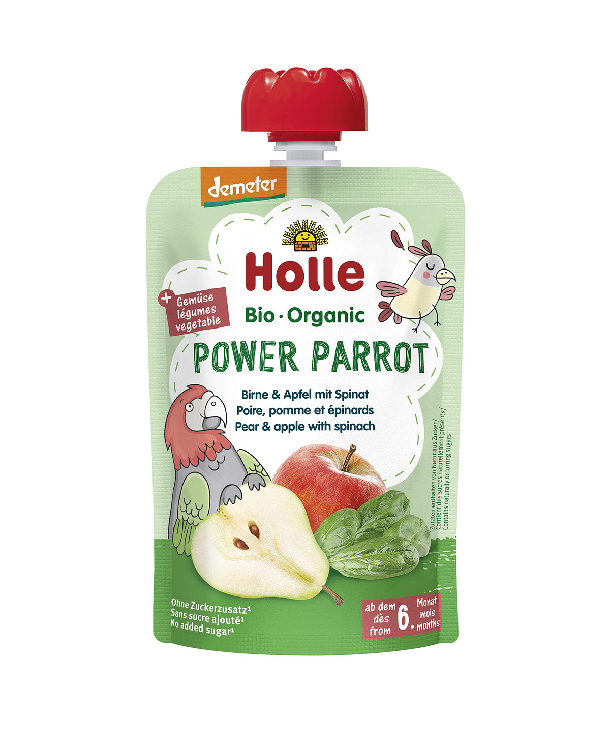 Holle Power Parrot - Pouch pear & apple with spinach, pack of 12