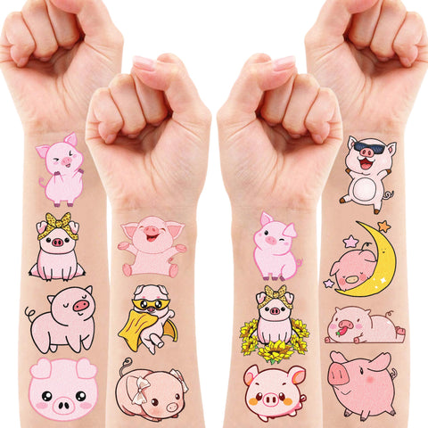 100 PCS Pig Piggy Themed Birthday Party Supplies Decorations Favors Decor Cute Pink Little Pig Piglet Farm Animal Temporary Tattoos Stickers for Boys Girls Cute Gifts School Prizes Rewards