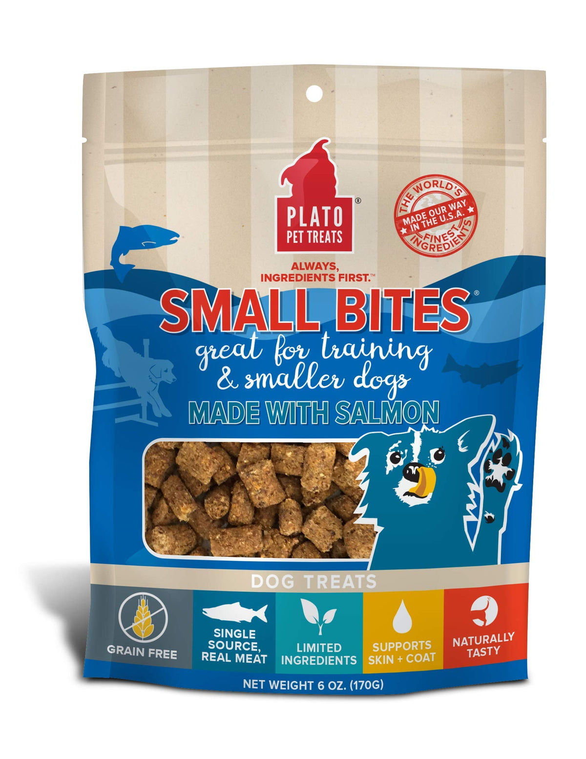 PLATO Small Bites Dog Treats, Natural Bite Sized Real Meat & Salmon Flavor, Grain Free & High in Protein, Air Dried Authentic Ingredients, 2 Calories Per Treat, Made in the USA, 6 Ounces