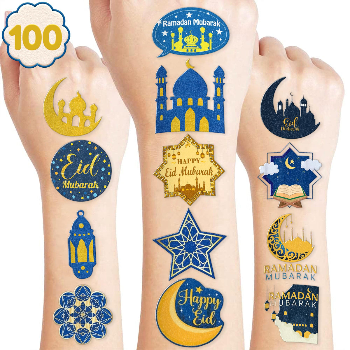 Eid Mubarak Temporary Tattoos 10 Sheets 100 PCS Ramadan Kareem Party Decorations Favors Supplies Themed Birthday Stickers Christmas Gifts for Boys Girls Class School Prizes Carnival Christmas