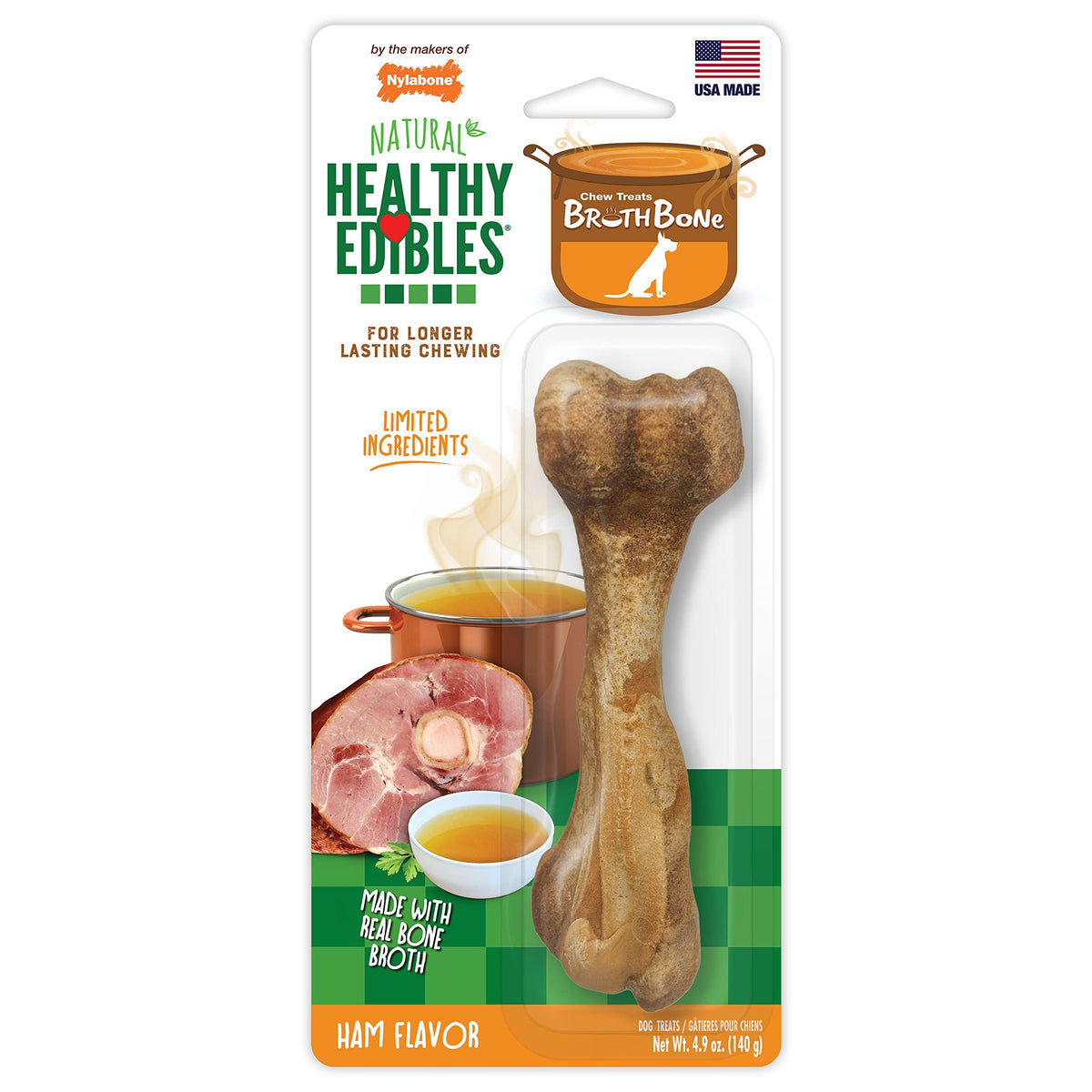 Nylabone Healthy Edibles Broth Bone All Natural Dog Treats Made With Real Bone Broth 1 Count Giant - Up to 50 lbs.