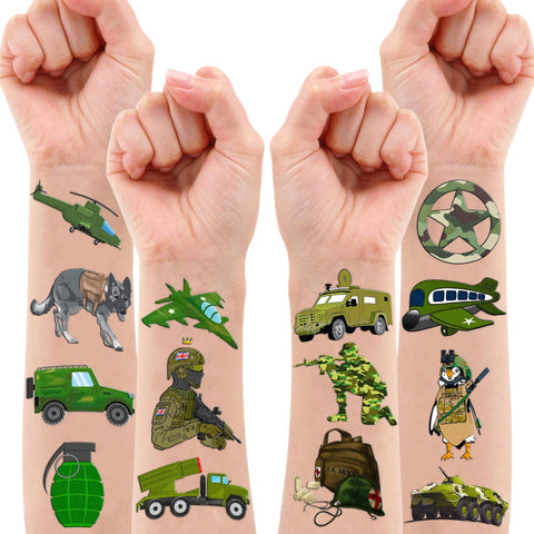 96 PCS Military Camouflage Temporary Tattoos Theme Army Birthday Party Decorations Supplies Favors Decor Camo Soldier Tank Helicopter Tattoo Stickers Gifts For Kids Adults Boys Girls Prizes Carnival