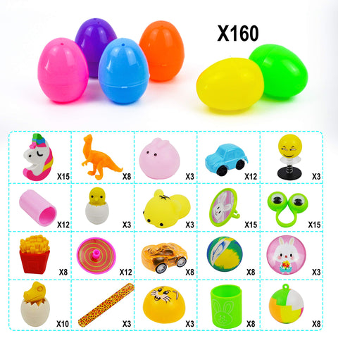 JOYIN 160 PCS Prefilled Easter Eggs with Assorted Toys, Stuffed Egg Hunt Supplies, Basket Stuffers Fillers, Classroom Prizes, Party Favors