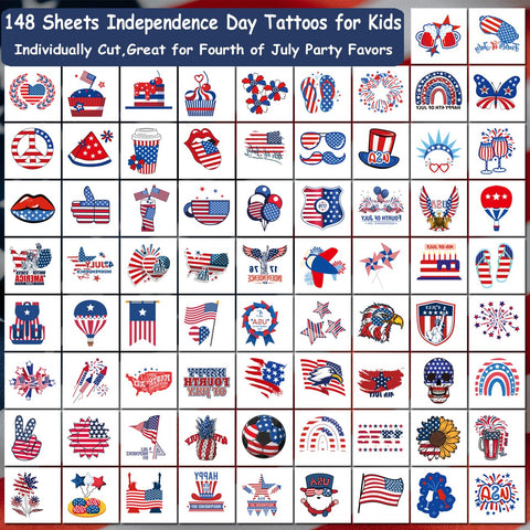 CHARLENT 4th of July Temporary Tattoos - 148 Individually Sheets American Flag Tattoos for Kids Women Men Independence Day Party Decorations and USA Party Favors