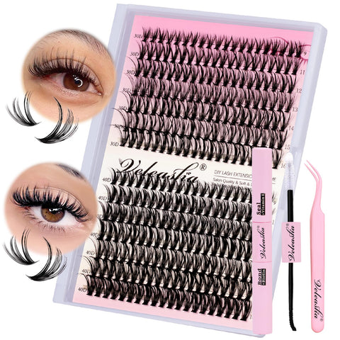 Veleasha DIY Lash Extension Kit Individual Lashes Kit 280PCS Waterproof Lash Clusters Kit with Lash Bond and Seal Eyelash Extension Kit for Beginners DIY Lash Clusters at Home(30D+40D,9-16MIX Kit)