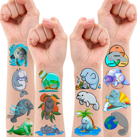 100PCS Cute Manatee Animal Temporary Tattoos Stickers Theme Birthday Party Favors Decorations Supplies Decor Cool Under Sea Ocean Mermaid Tattoo Gifts For Kids Adults Boys Girls School Prizes Carnival