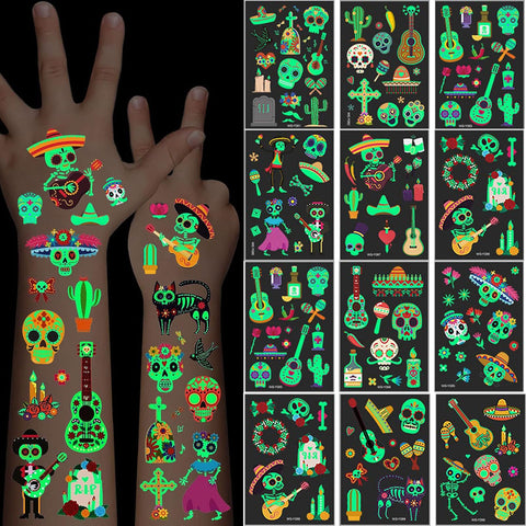 Day of the Dead Luminous Halloween Temporary Tattoo for Kids Adults, 125PCS Waterproof Fake Face Tattoos, Body Stickers Decorations Glow in the Dark, Makeup Party Favors Supplies Decor Boys Girls