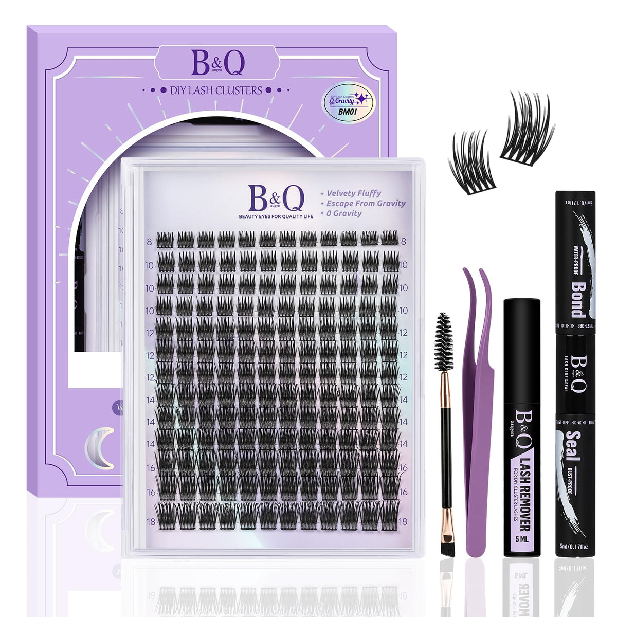 B&Q Lash Extension Kit for Beginners BM01 Eyelash Extension Kit 156pcs D Curl Flat Matte Lash Clusters Kit Natural and Soft Lash Kit Flat Band 8-18 Mixed Individual Lashes Kit Double Tips(FDset-BM01)