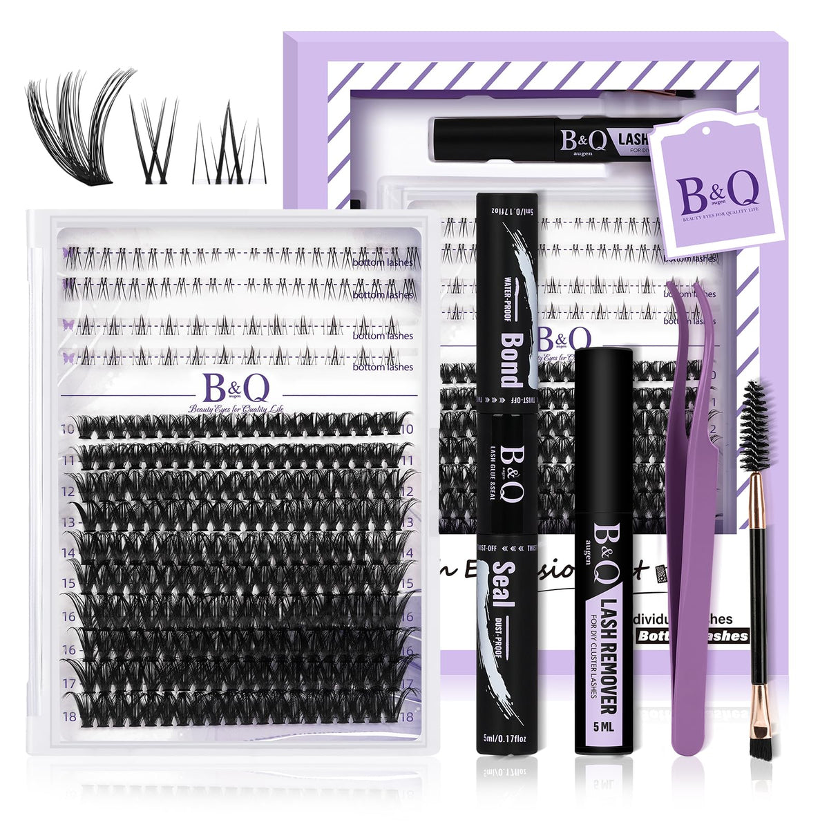 B&Q Eyelash Extension Kit with Bottom Lash Extension 10-18mm 50D D Curl Lash Clusters Kit with Bottom Lashes DIY Lash Extension Kit Bond and Seal Lash Applicator (Kit-50D-D-MIX10-18)