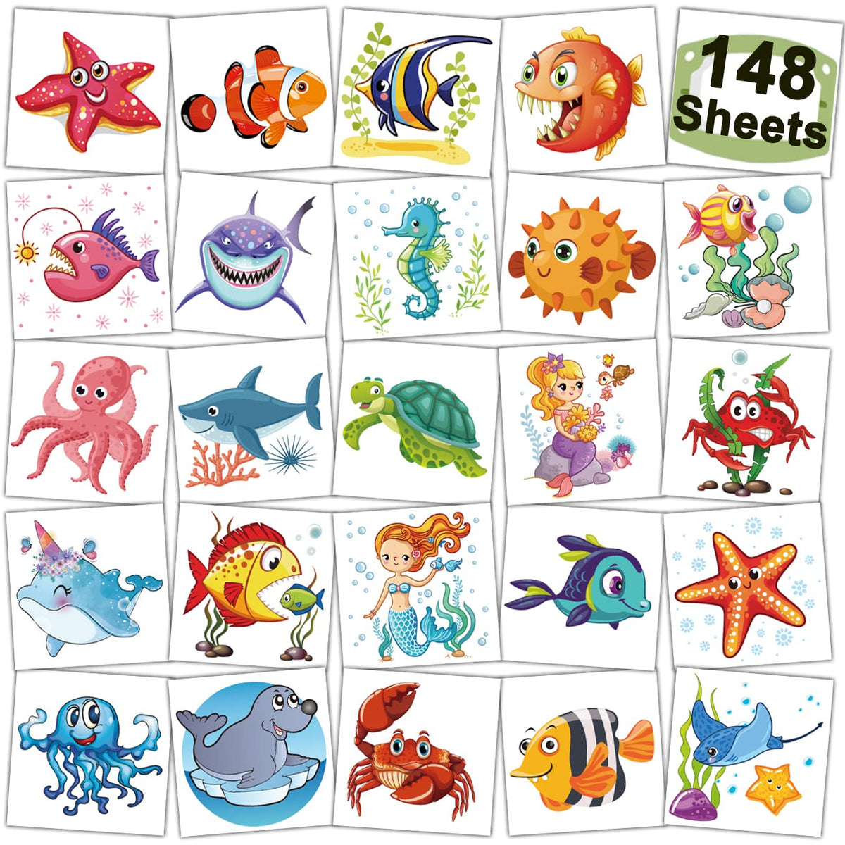 CHARLENT 148 PCS Ocean Animals Temporary Tattoos for Kids - Sea Creature Individual Tattoos for Boys Girls Ocean Birthday Party Favors Goodie Bag Fillers