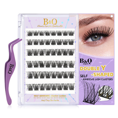 B&Q Self Adhesive Eyelashes 48 PCS Reusable Adhesive Eyelashes Pre-Glued Cluster Lashes D Curl No Glue Eyelashes 10-16mm with Lash Tweezers 1 Step DIY Lash Self Stick Easy to Apply (SA03-D,10-16mm)