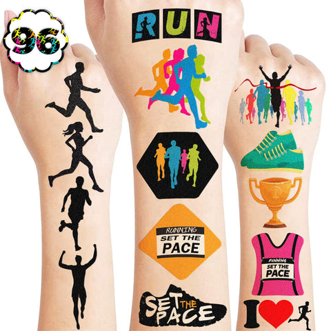 96PCS Running Run Temporary Tattoos Stickers Themed Marathon Cross Country Birthday Party Decorations Favors Decor Supplies Sports Tattoo Sticker Gifts For Runners Kids Boys Girls Adults School Prizes