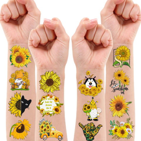 100PCS Yellow Sunflower Temporary Tattoos Stickers Theme Garden Birthday Party Decorations Favors Supplies Spring Summer Sun Sunshine Flower Tattoo Sticker Gifts For Boys Girls School Prizes Carnival