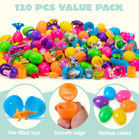 JOYIN 120 Pcs Prefilled Easter Eggs with Novelty Toys and Plus Stickers Inside, Plastic Easter Eggs Fillers, Easter Basket Stuffers Egg Hunt Supplies, Easter Theme Party Favor