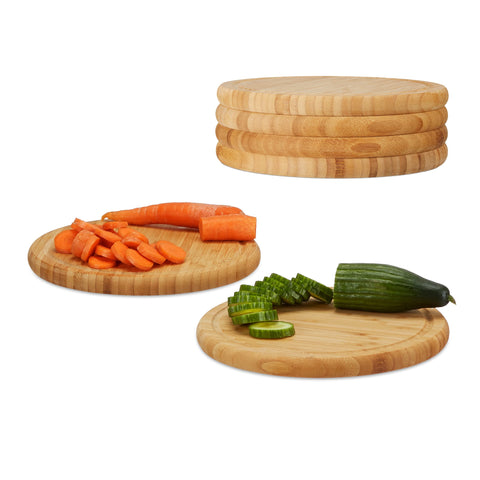 Relaxdays 10022152_307, Natural Breakfast Set of 6, 25 cm, Robust Kitchen Cutting Board, Serving Tray, Chopping, Platter, Round, Bamboo