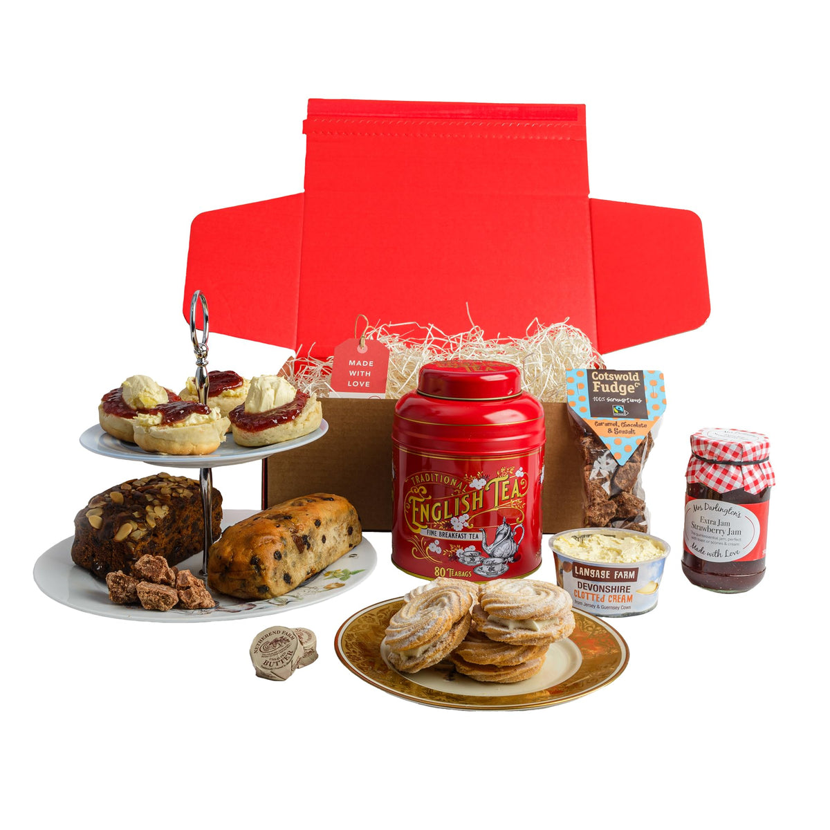 Afternoon Tea Hamper | British Gift Hamper | Sweat & Savoury Treats | Includes Scones, Clotted Cream, Strawberry Jam, Biscuits, Teabags, Dundee Cake, Tea Caddy, Fudge, Plum Bread & Butter | Food Gifts