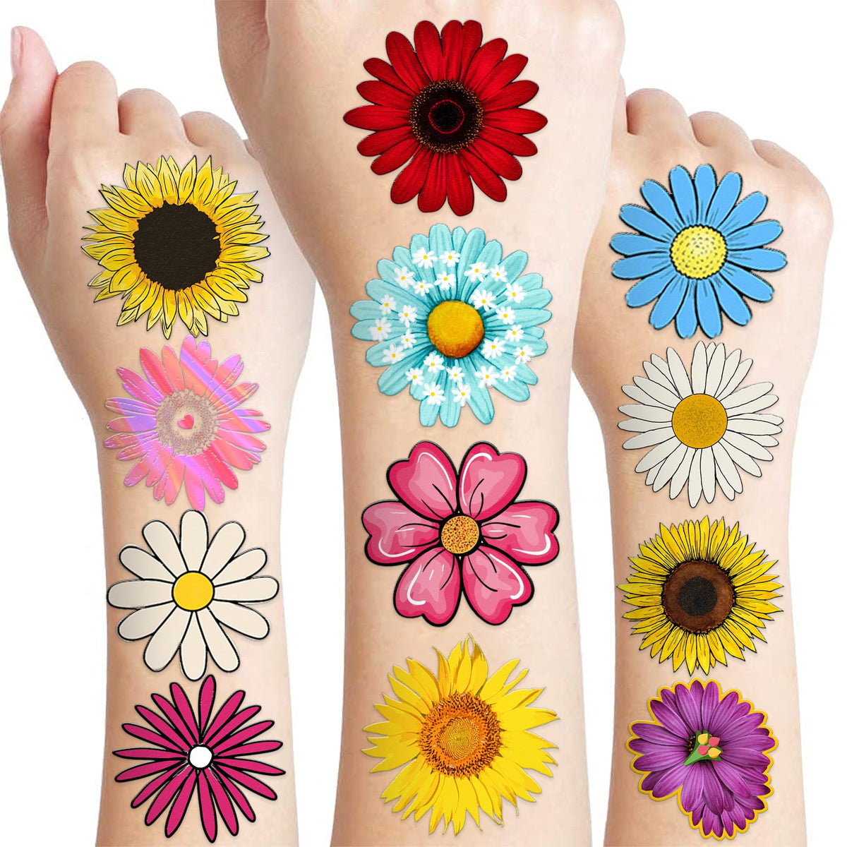 86 PCS 8 Sheet Spring Flower Temporary Tattoos Sticker Rose Daisy Sunflower Birthday Party Decorations Favors Supplies Gifts Boys Girls Baby Shower Cute Tattoo School Prize Reward Themed