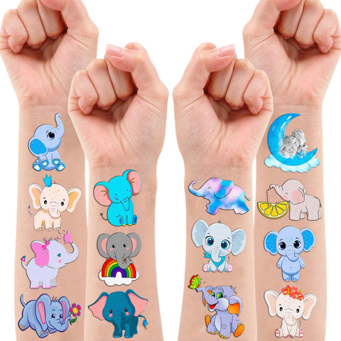 96 PCS Cute Temporary Tattoos Baby Elephant Tattoo Theme Shower 1st Birthday Party Decorations Supplies Favors Decor Funny Pink Blue Animal Stickers Gifts For Kids Girls Boys Classroom Prizes Carnival