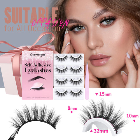 Geeneiya Mink Self Adhesive Eyelashes, Reusable Self Adhesive Lashes Natural Look, Wispy Press on Fake Eyelashes Fluffy Eye Lashes Pack, 4 Pairs Pre Glued False Eyelashes with Lash Tweezers