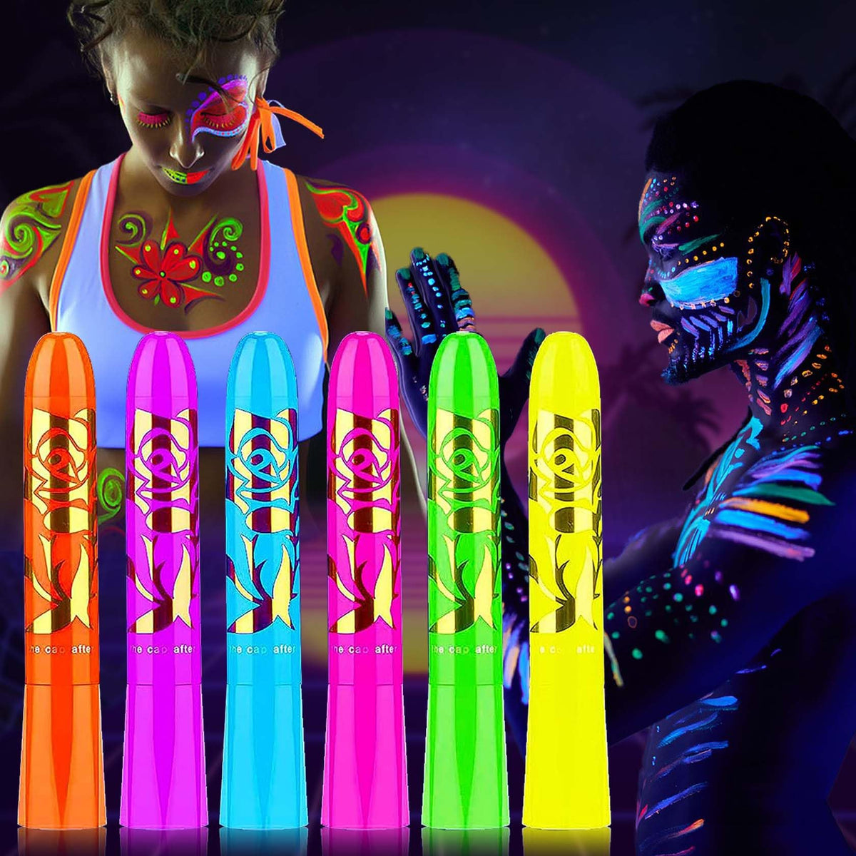 6 Colors Glow in The Black Light Face Body Paint Sticks,UV Neon Glow Fluorescent High Pigmented Face Painting Crayons Kit for Halloween Mardi Gras Festivals Party Masquerades Supplies