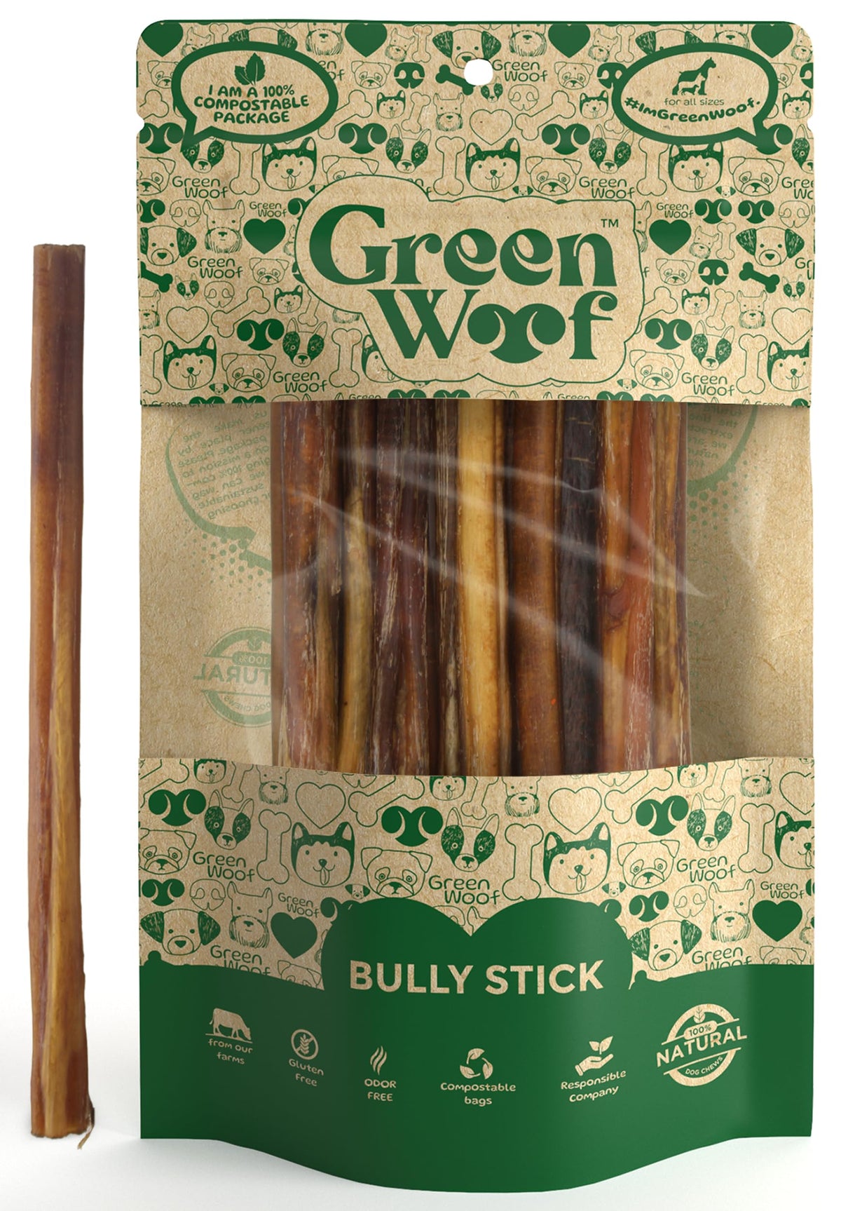 Green Woof, Bully Sticks (9 Inch), Easily Digestible 100% Pure Beef Treats, Pasture-Raised, Organic, Grain-Free, Durable and Long-Lasting Chews for Medium & Large Dogs (Large, 12, Count)