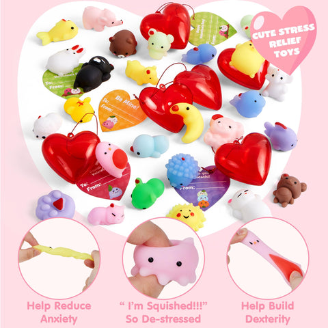 JOYIN 28 Packs Mochi squishy toys with Valentine Cards and Filled Hearts Party Favors for Kids Valentine Gifts Classroom Exchange, Kawaii Stress Relief Toys for Valentine Gift Exchange, Game Prizes