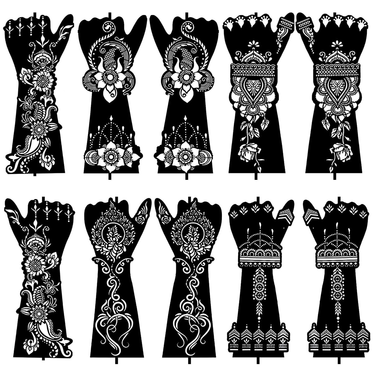 Floral Henna Tattoo Stencil Kit - 10 Sheets, DIY Glitter Airbrush Templates for Hand and Forearm, Indian Temporary Tattoo Stencil for Women and Girls